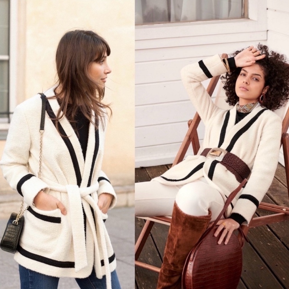 Rare NWT  Sezane Mike Coat Wrap Cardigan Sweater Black Cream Size 40